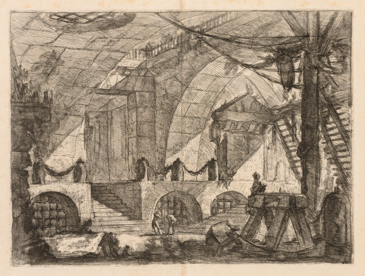Fängelserna: En välvd kammare med stolpar och kedjor av Giovanni Battista Piranesi