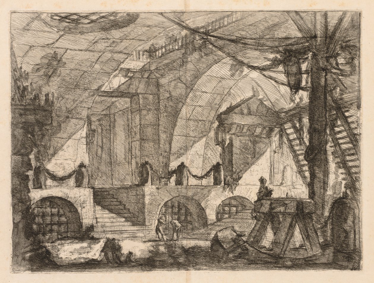 Fängelserna: En välvd kammare med stolpar och kedjor, 1745-1750. av Giovanni Battista Piranesi