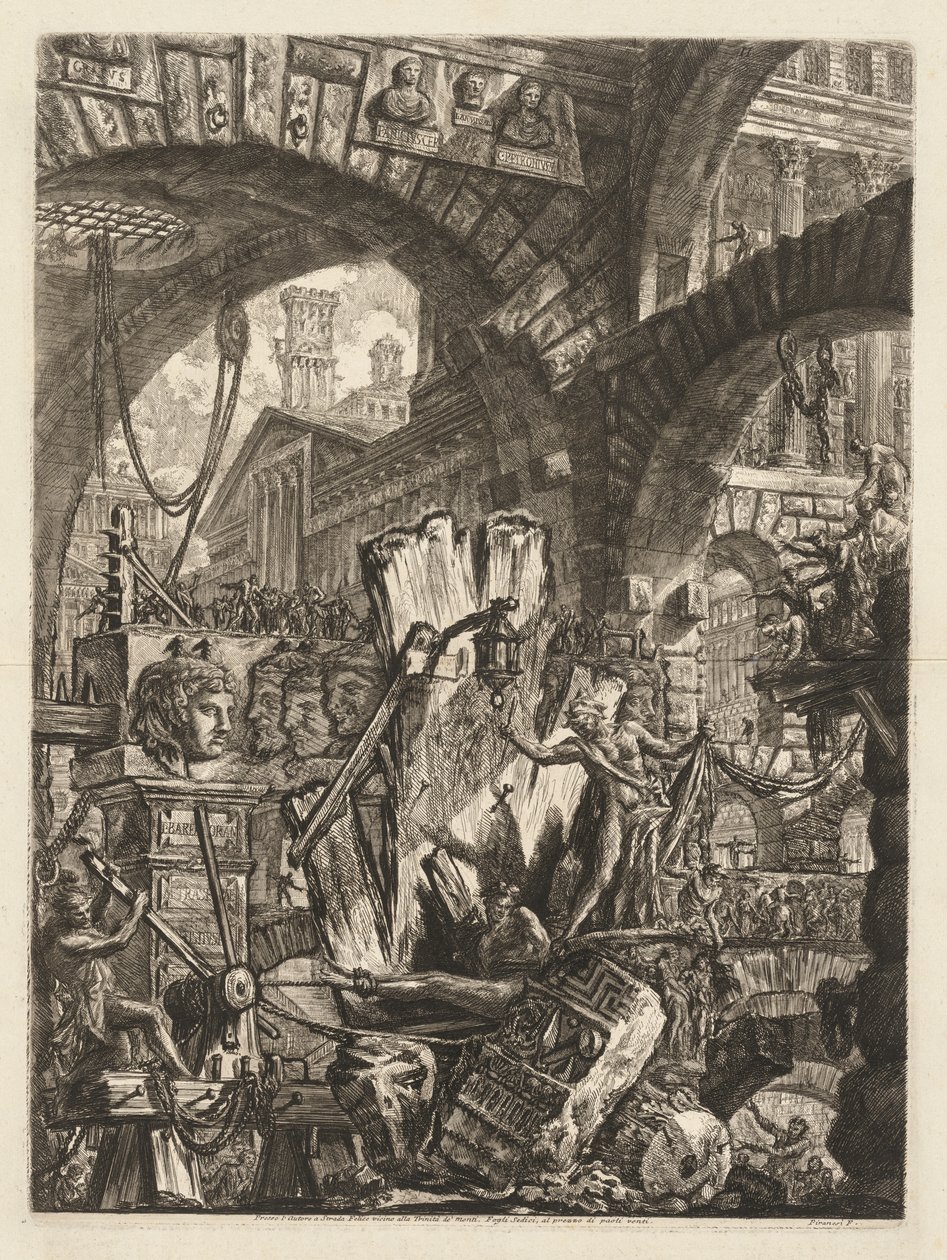 The Prisons: An Architectural Medly, med en man på klippan i förgrunden av Giovanni Battista Piranesi