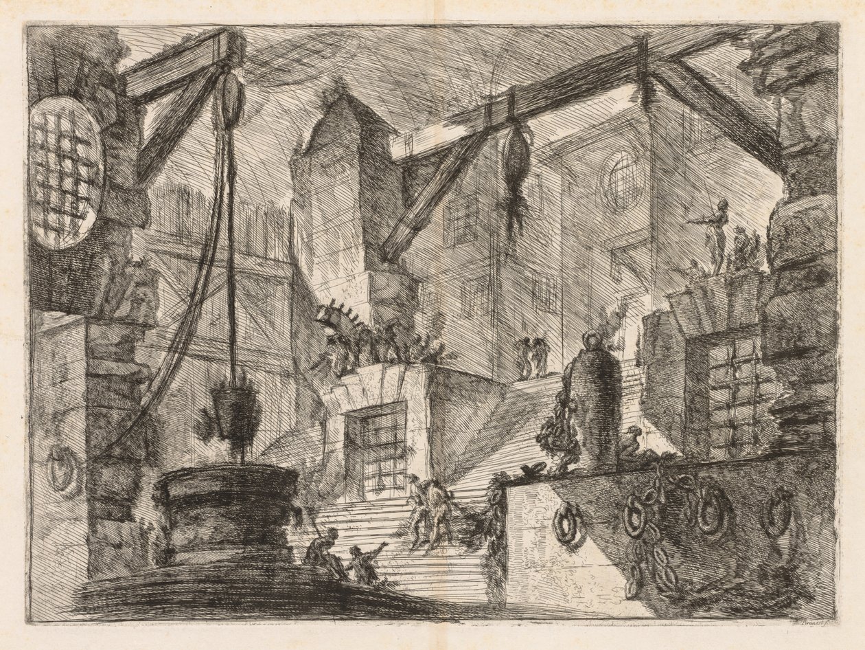 Fängelserna: Kolonnadsinredning med en bred trappa, 1745-1750. av Giovanni Battista Piranesi