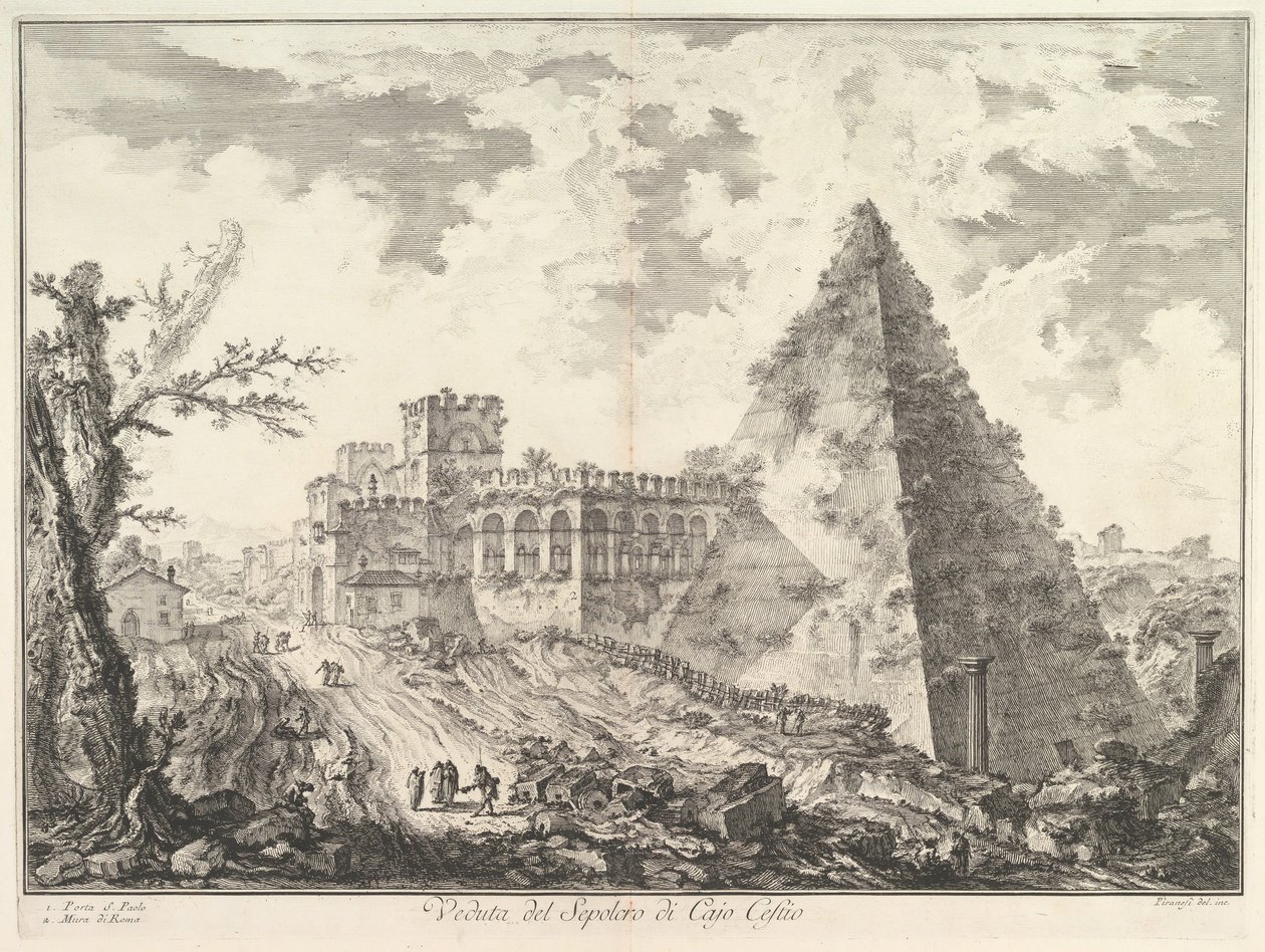 Caius Cestius-pyramiden, med Porta S. Paolo och den angränsande vägen Veduta del S..., ca. 1755. av Giovanni Battista Piranesi