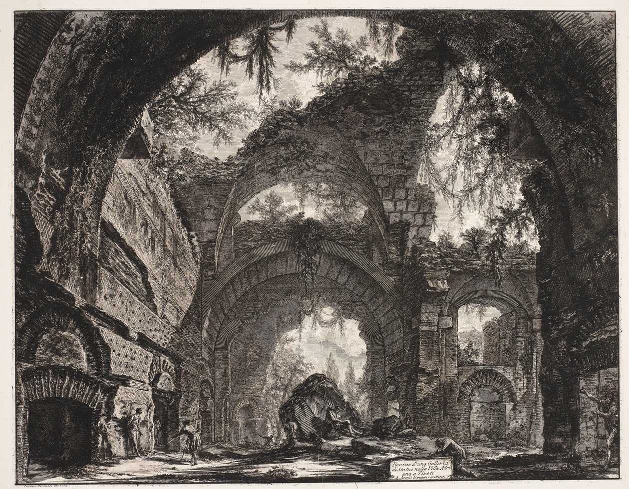Thermen i de Villa Adriana t och Tivoli Ruinerna av ett statygalleri i Hadrianus villa i Tivoli (titel på objektet) Gezichten op Rome (serietitel) Utsikt över Rom designad och graverad av Giambattista Piranesi-arkitekten Ve (nez) iano (serietitel) av Giovanni Battista Piranesi
