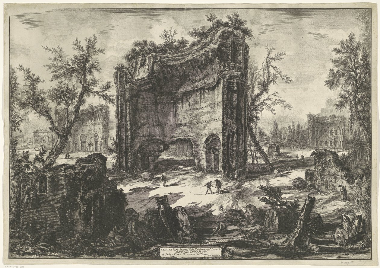 Thermen van Trajanus te Rom Utsikt över resterna av fabrikerna på andra våningen i Terme di Tito (titel på objekt) Gezichten op Rome (serietitel) Utsikt över Rom designad och graverad av Giambattista Piranesi-arkitekten Ve (nez) iano (serietitel) av Giovanni Battista Piranesi