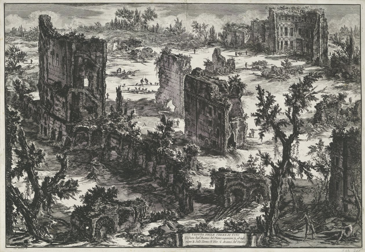 Thermen van Trajanus te Rom Utsikt över mesens bad (...) (titel på objekt) Gezichten op Rome (serietitel) Utsikt över Rom designad och graverad av Giambattista Piranesi-arkitekten Ve (nez) iano (serietitel) av Giovanni Battista Piranesi
