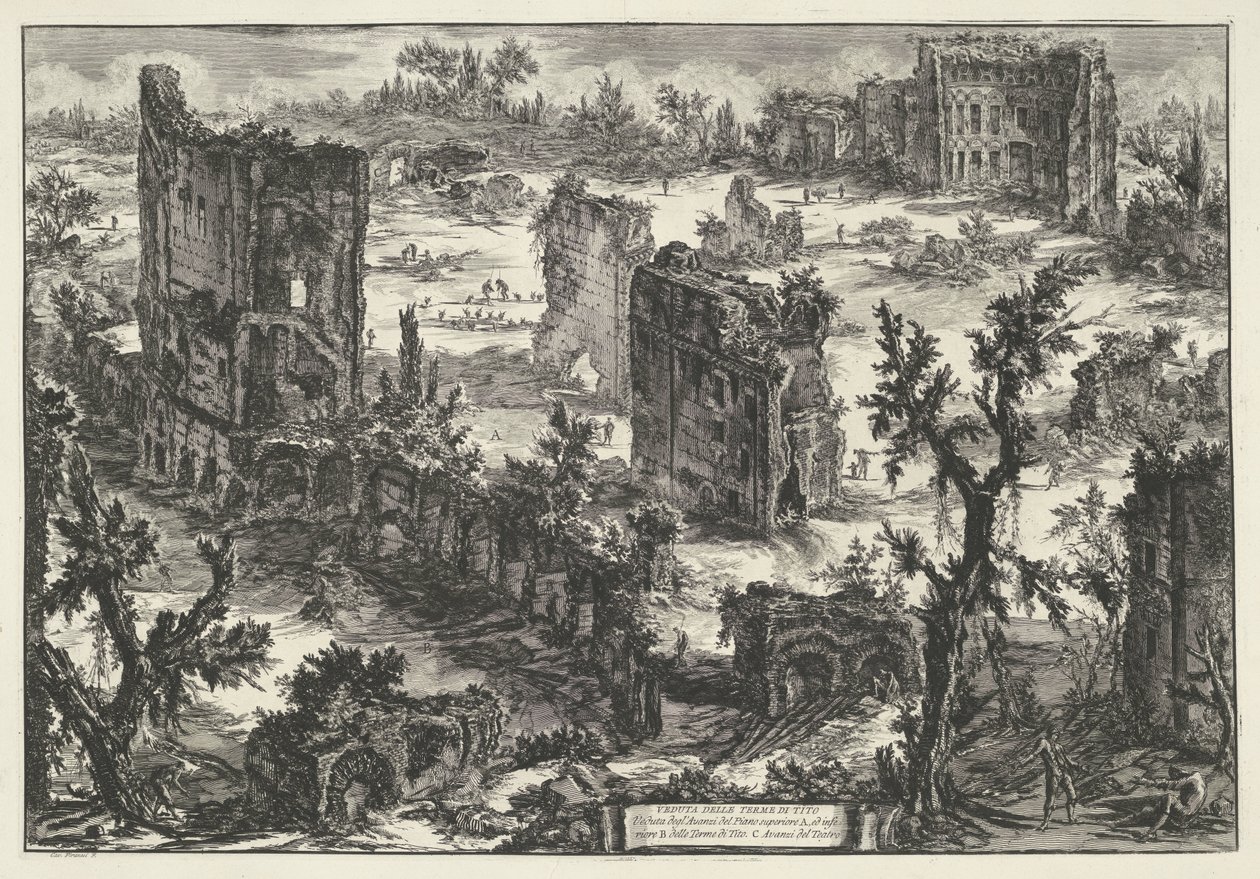 Thermen van Trajanus te Rom Utsikt över Terme di Tito (...) (titel på objekt) Gezichten op Rome (serietitel) Utsikt över Rom designad och graverad av Giambattista Piranesi-arkitekten Ve (nez) iano (serietitel) av Giovanni Battista Piranesi