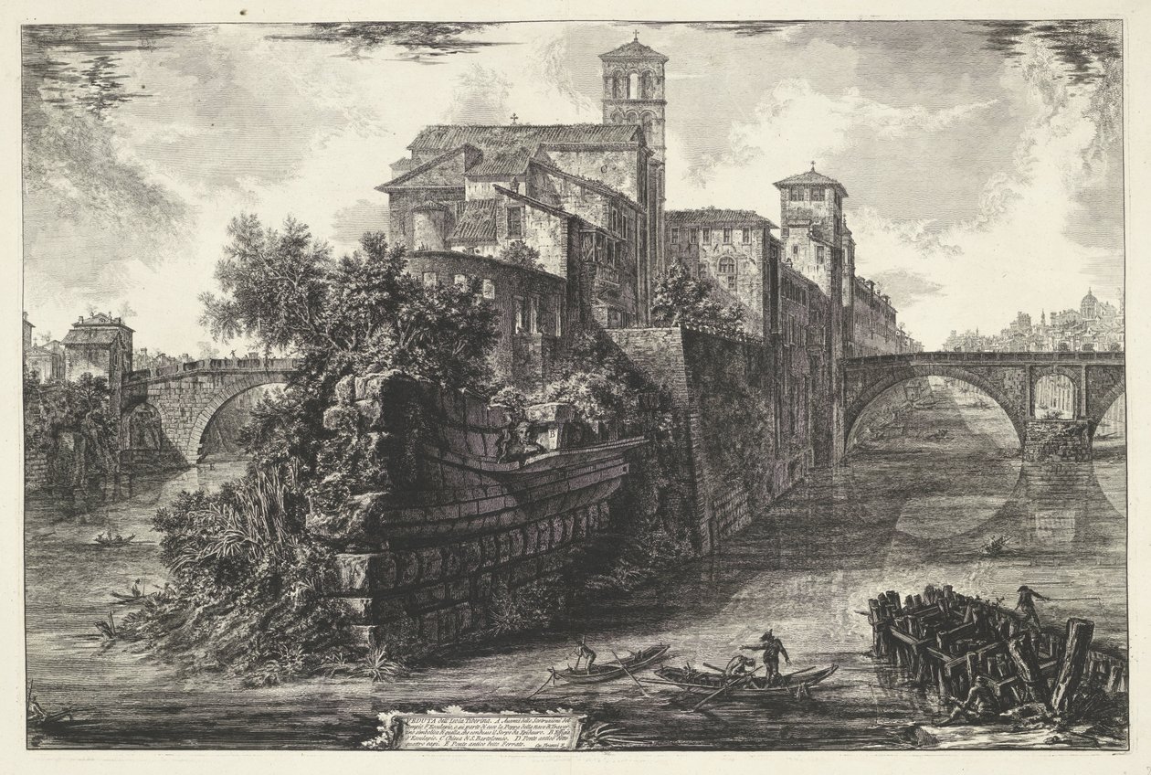 Tibereiland te Rom Utsikt över Tiberön (titel på objekt) Gezichten op Rome (serietitel) Utsikt över Rom designad och graverad av Giambattista Piranesi-arkitekten Ve (nez) iano (serietitel) av Giovanni Battista Piranesi