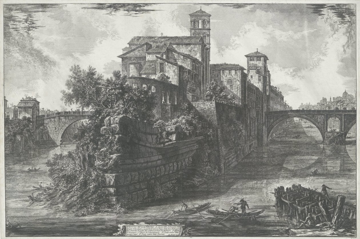 Tibereiland te Rom Utsikt över Tiberön (titel på objekt) Gezichten op Rome (serietitel) Utsikt över Rom designad och graverad av Giambattista Piranesi-arkitekten Ve (nez) iano (serietitel) av Giovanni Battista Piranesi