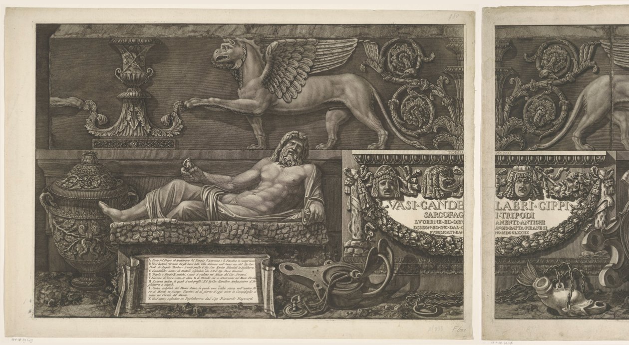 Titeltryck med skulpturer, snidade reliefer och en sarkofag med titel Vaser, ljusstakar, gravstenar, sarkofager, stativ, lampor och ornament designade och graverade av Giovanni Battista Piranesi (serietitel) Vasi, kandelabri, cippi, sarkofager av Giovanni-Battista Piranesi