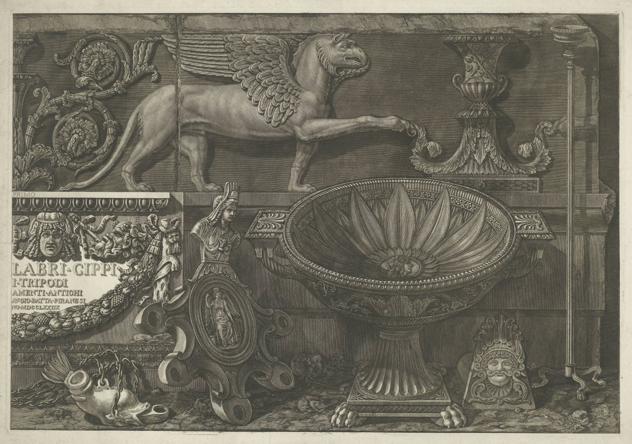 Titeltryck med skulpturer, snidade reliefer och en betitlad sarkofag (höger del) Vaser, ljusstakar, gravstenar, sarkofager, stativ, lampor och ornament designade och graverade av Giovanni Battista Piranesi (serietitel) Vasi, candelabri, ca av Giovanni Battista Piranesi