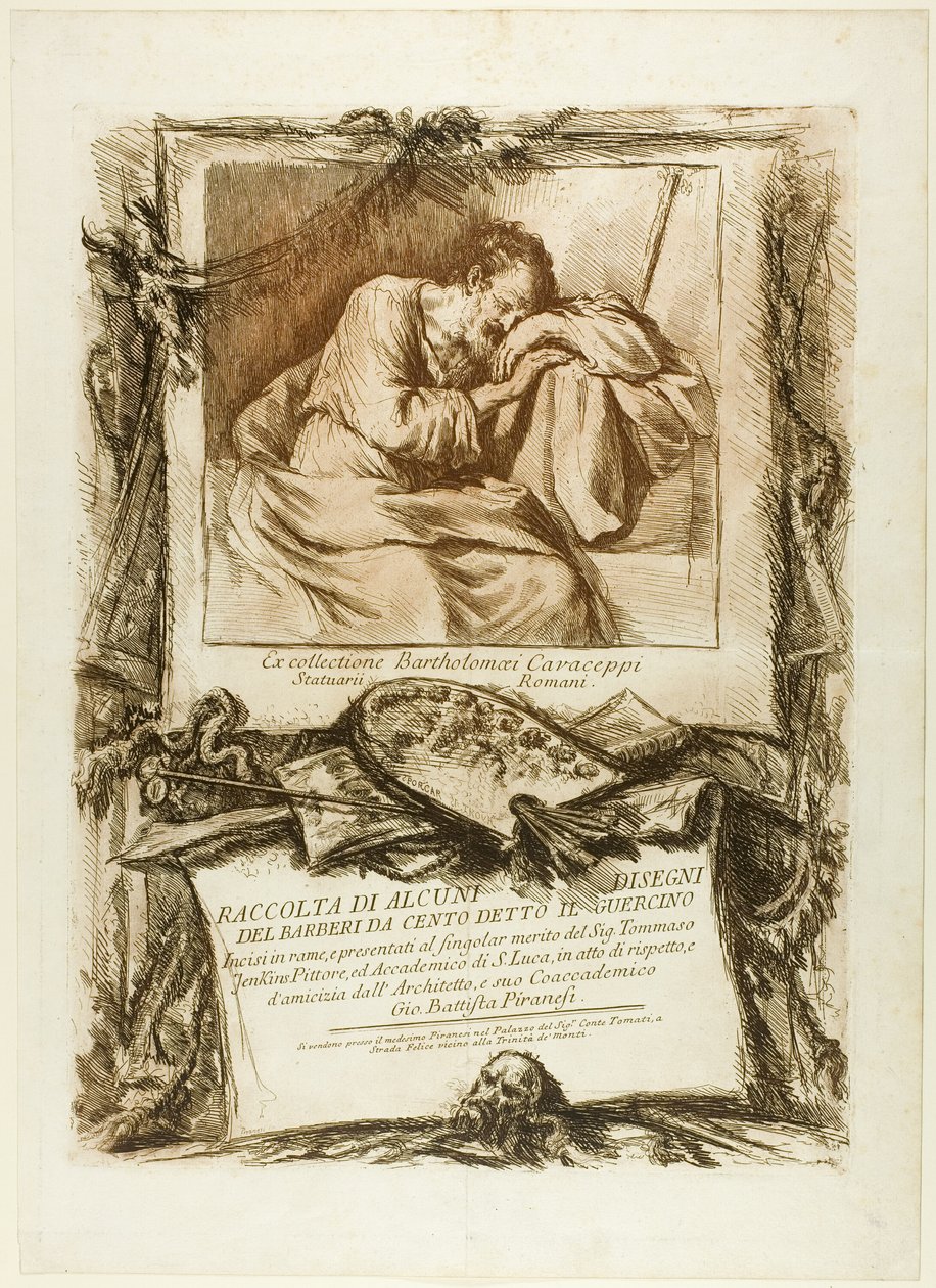 Titelsida: Samling av flera teckningar graverade efter Barbieri da Cento (känd som Guercino) graverade på koppar och presenterade för Thomas Jenkins, målare och medlem av Academy of St. Luke, av respekt och vänskap från hans kollega, bågen av Giovanni Battista Piranesi