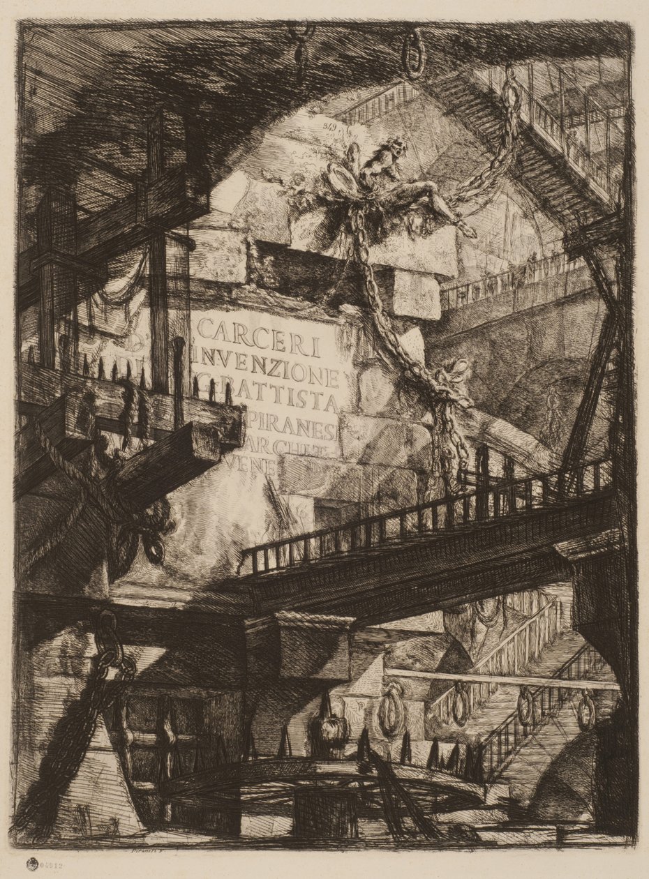 Titelskylt, Plåt I från Imaginary Prisons, ca 1750 (etsning på papper) av Giovanni Battista Piranesi