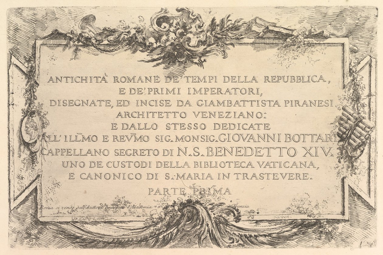 Titelsida: Romersk antik från republikens tid och de första kejsarna Antich..., ca. 1748. av Giovanni Battista Piranesi