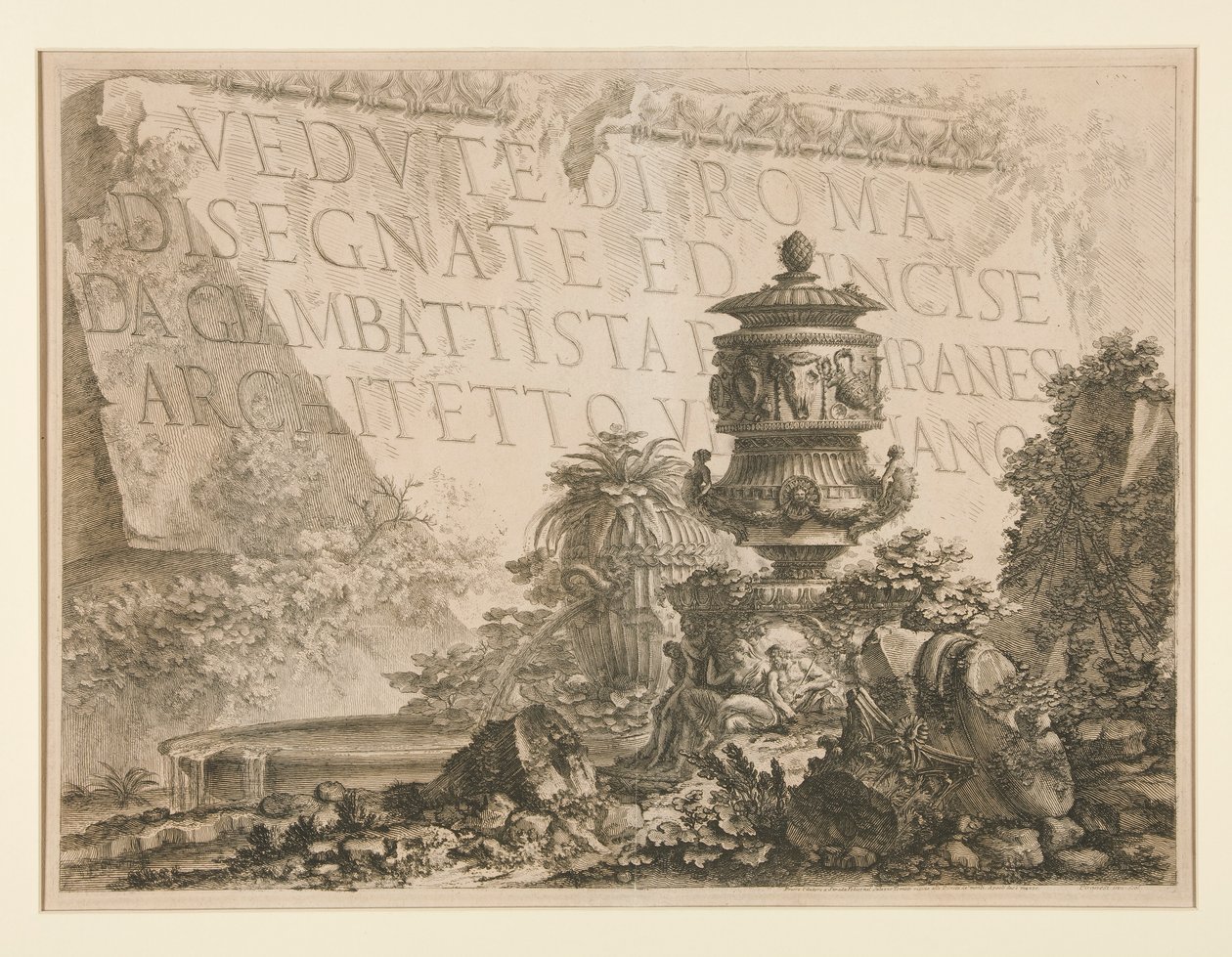 Titelsida: Utsikter över Rom ritade och etsade av Giambattista Piranesi, venetiansk arkitekt), från Vedute di Roma av Giovanni Battista Piranesi