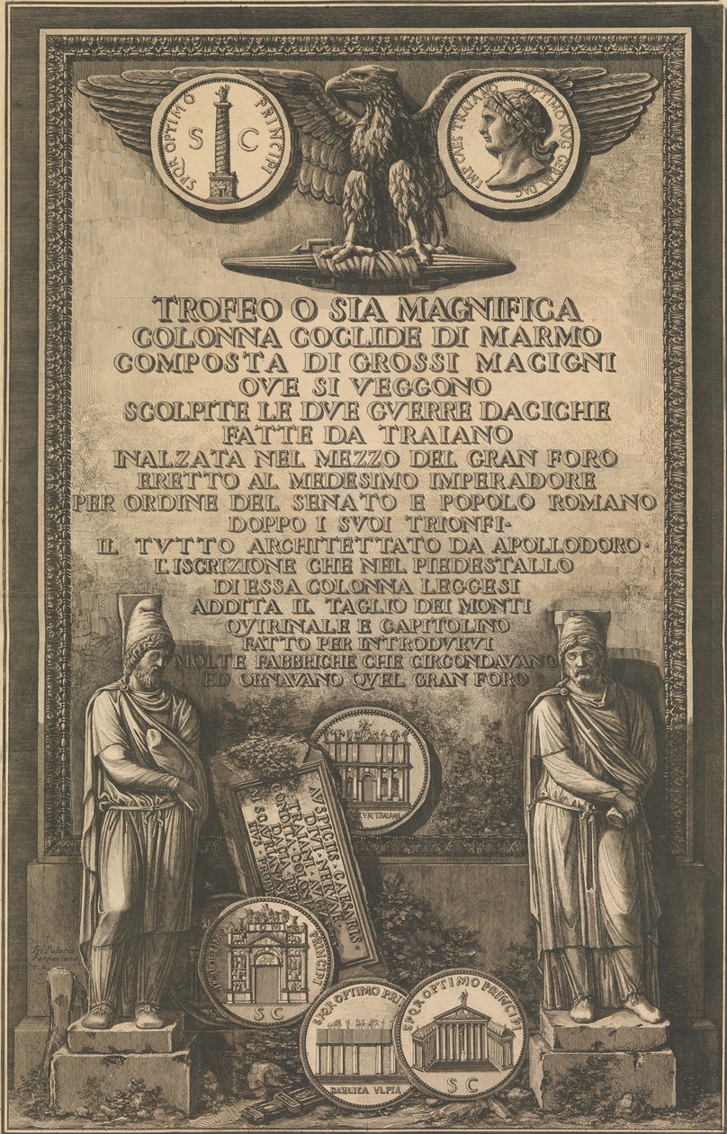 Titelsida med örn, mynt som visar bild av Trajanus kolonn, klassiska skulpturer, 1774-79. av Giovanni Battista Piranesi