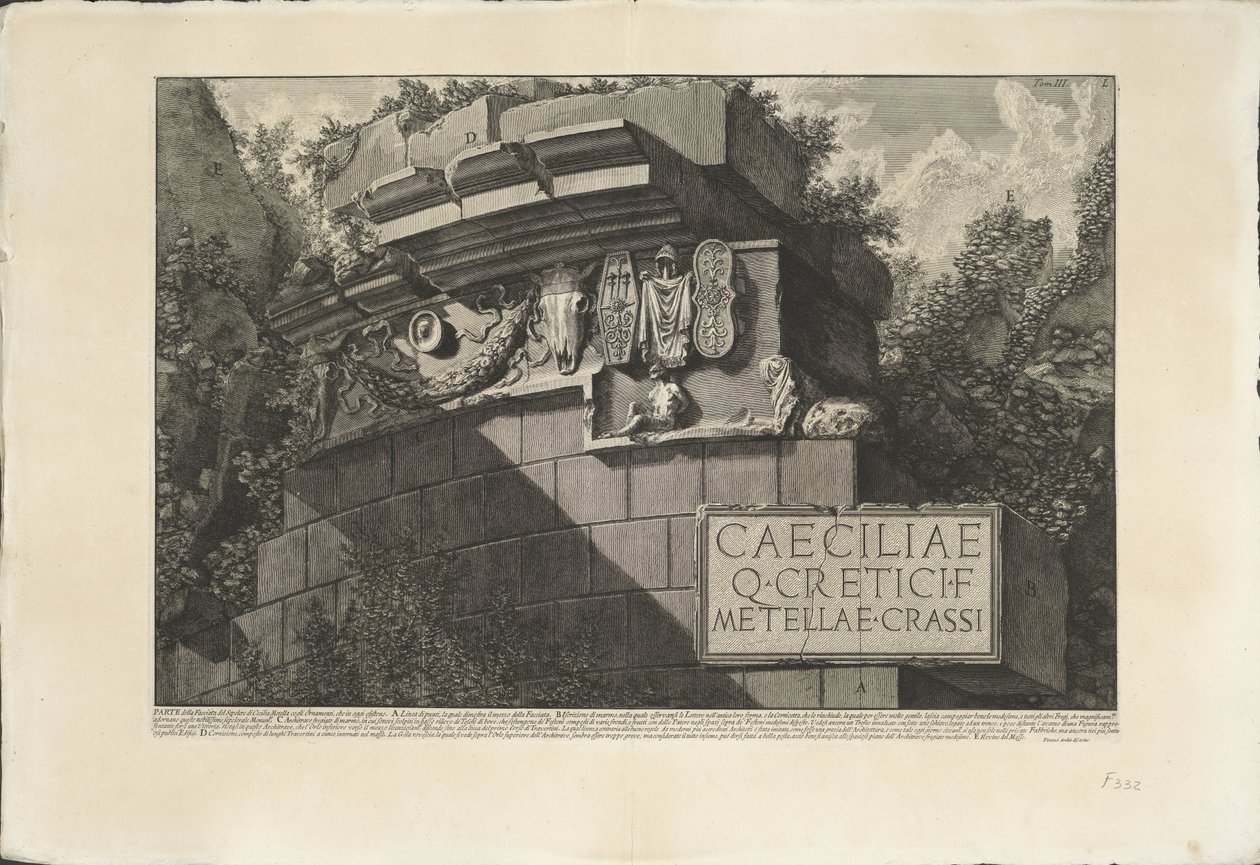 Tombe van Caecilia Metella te Rom Del av fasaden på Cecilia Metellas grav med prydnadsföremålen, som finns idag (titel på objektet) Archeologische vondsten in en rond Rome (serietitel) Roman Antiquities (serietitel) av Giovanni Battista Piranesi