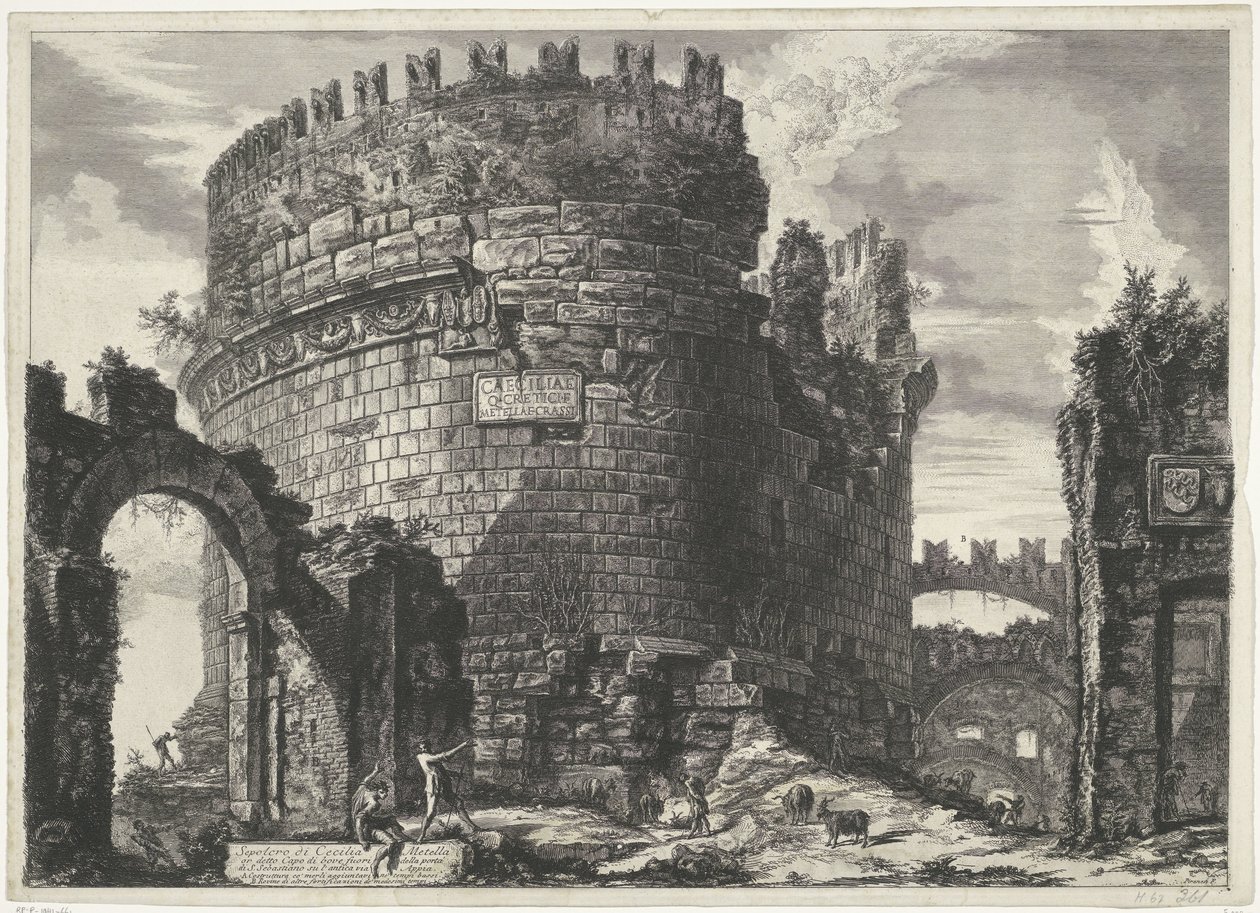 Tombe van Caecilia Metella te Rom Cecilia Metells grav (...) (titel på objekt) Gezichten op Rome (serietitel) Utsikt över Rom designad och graverad av Giambattista Piranesi-arkitekten Ve (nez) iano (serietitel) av Giovanni Battista Piranesi