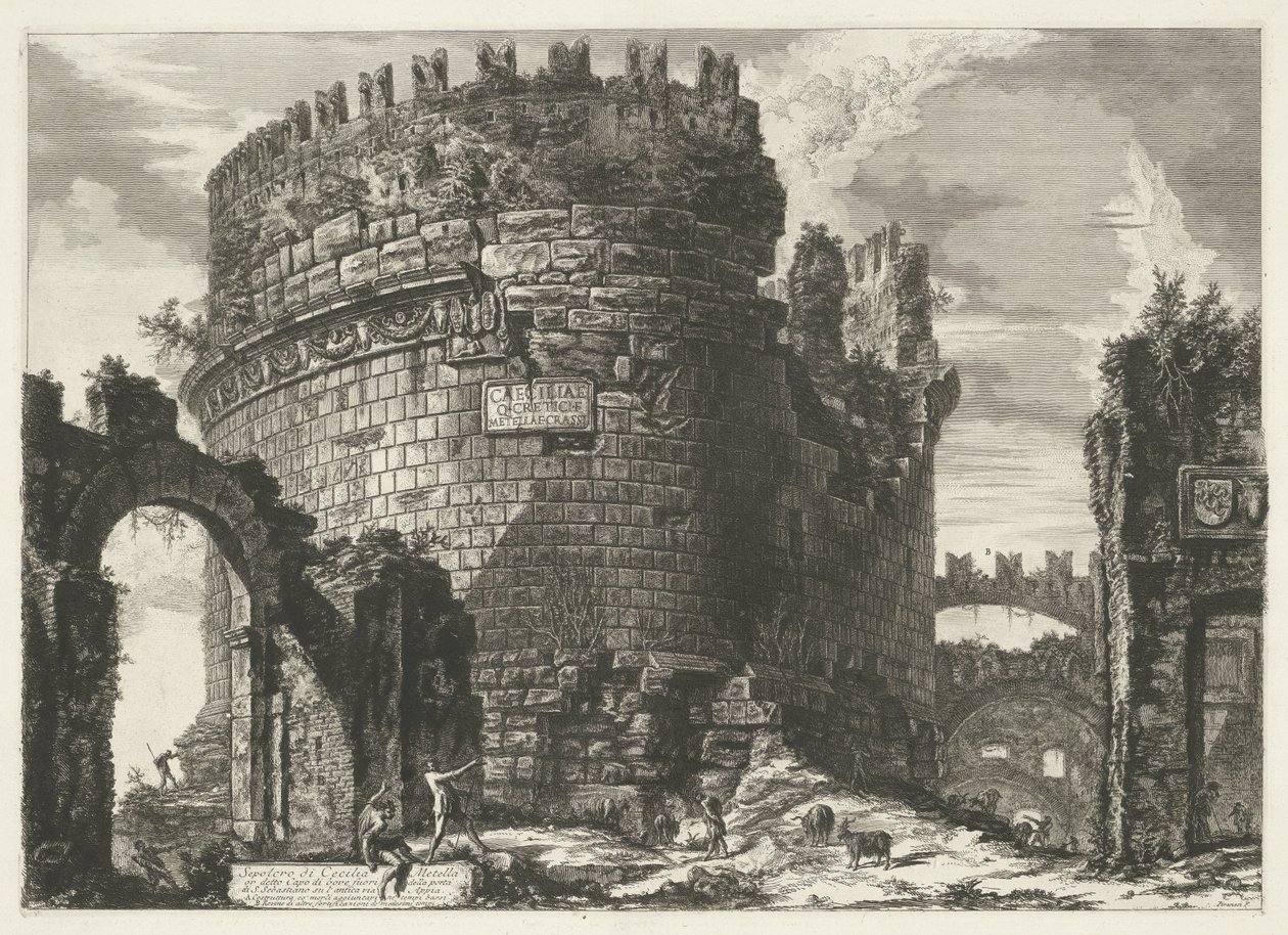 Tombe van Caecilia Metella te Rom Cecilia Metellas grav (...) (titel på objekt) Gezichten op Rome (serietitel) Utsikter över Rom tecknade och graverade av Giambattista Piranesi-arkitekten Ve(nez)iano (serietitel) av Giovanni Battista Piranesi