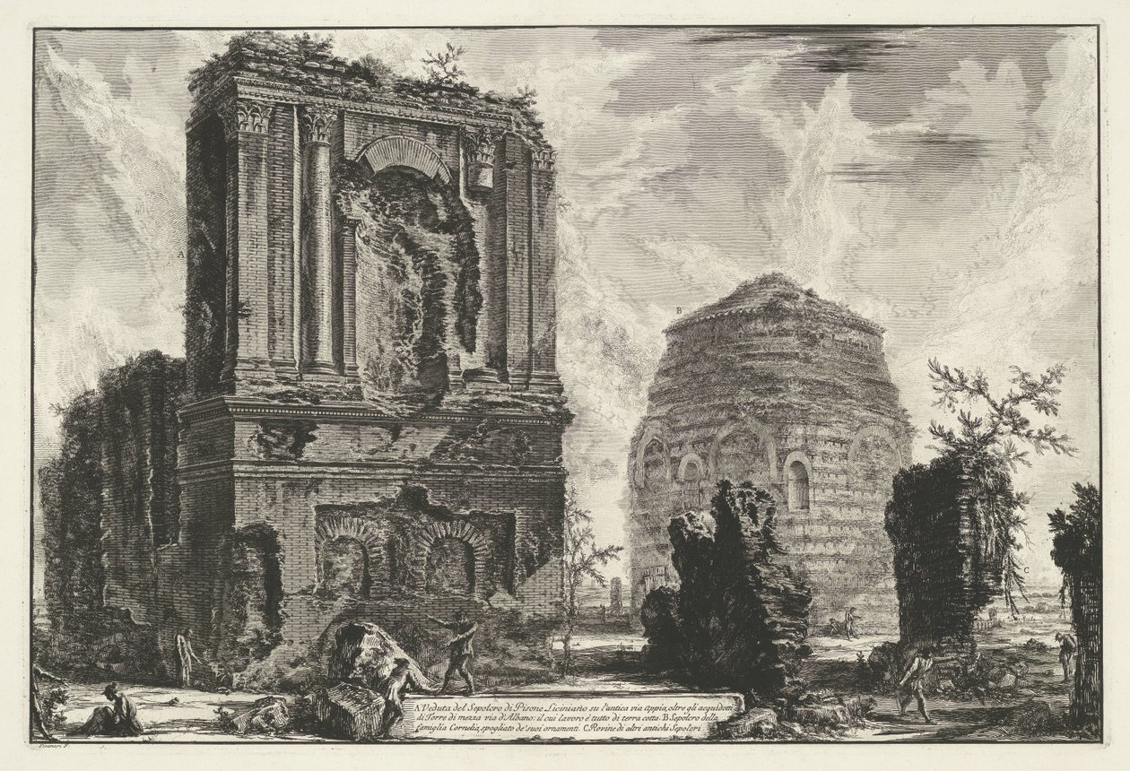 Tombes van Licinianus Piso en de Cornelius familj längs de Via Appia Gezichten op Rome (serietitel) Utsikt över Rom designad och graverad av Giambattista Piranesi-arkitekten Ve (nez) iano (serietitel) av Giovanni Battista Piranesi