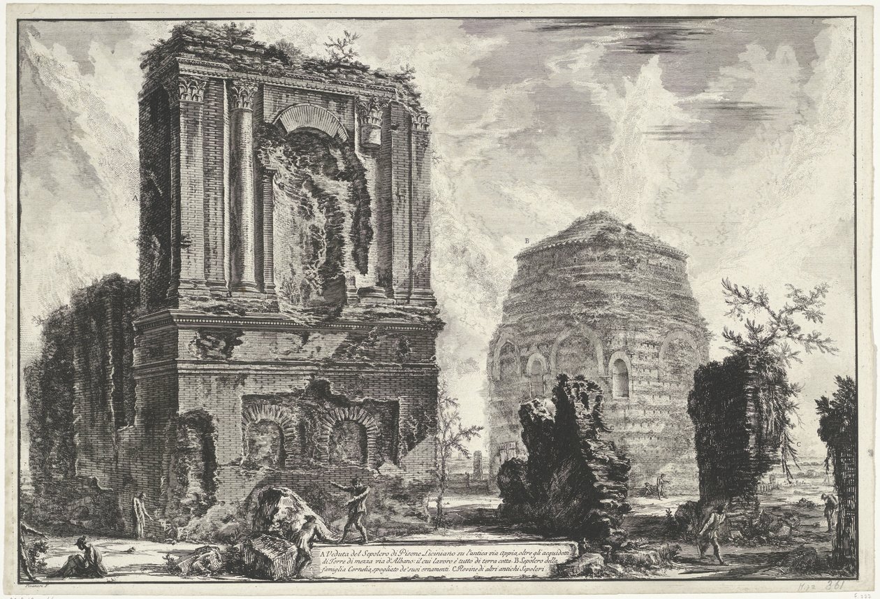 Tombes van Licinianus Piso en de Cornelius familj längs de Via Appia Gezichten op Rome (serietitel) Utsikt över Rom designad och graverad av Giambattista Piranesi-arkitekten Ve (nez) iano (serietitel) av Giovanni Battista Piranesi
