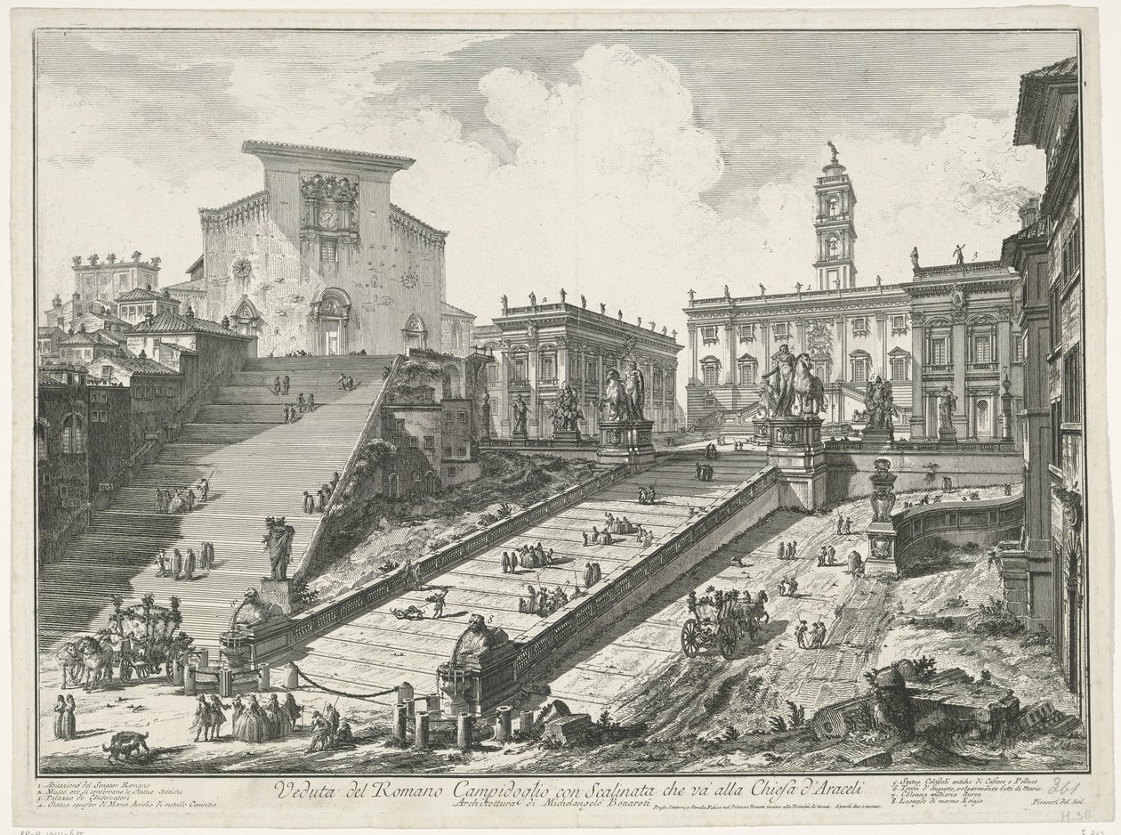 Trappen till Piazza del Campidoglio en de Santa Maria i Aracoeli te Rom Utsikt över den romerska Capitolium med trappa som leder till kyrkan Araceli (titel på objektet) Gezichten op Rome (serietitel) Vy över Rom tecknade och graverade av Giambattista Pira av Giovanni Battista Piranesi