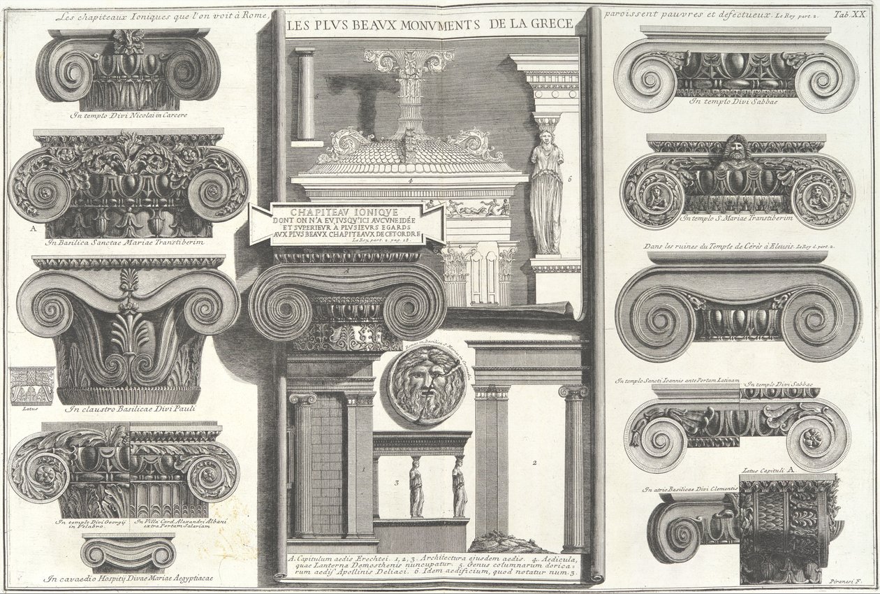 Olika romerska joniska huvudstäder jämfört med grekiska exempel..., mitten av 1700-talet. av Giovanni Battista Piranesi