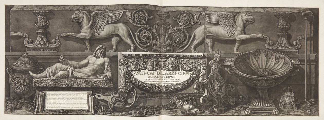 "Vaser, ljusstakar, cisterner, sarkofager...", titelsida till vol. jag av Giovanni Battista Piranesi
