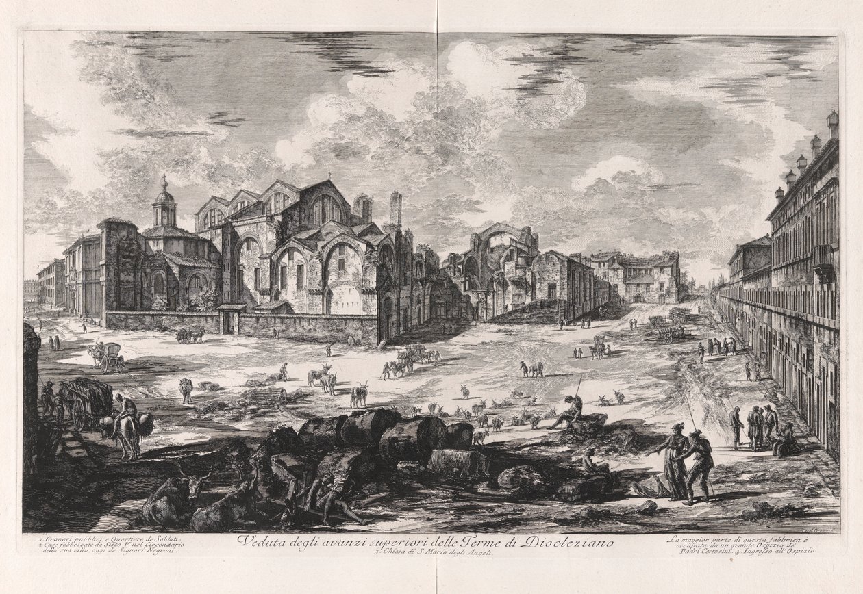 Utsikt över de övre ruinerna av Diocletianus bad [vy på avstånd som visar kyrkan Santa Maria degli Angeli]), från Vedute di Roma (Utsikt över Rom) av Giovanni Battista Piranesi