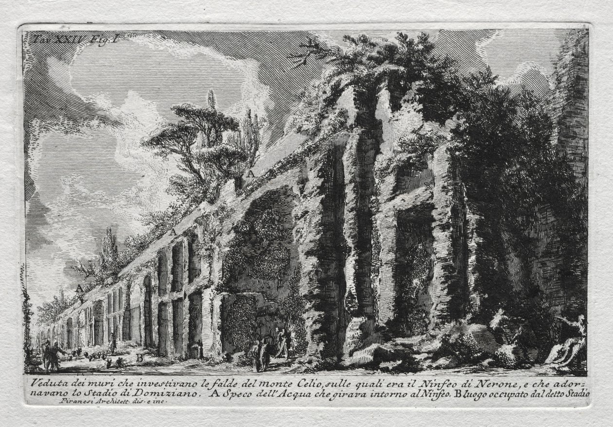 Utsikt över murarna som täckte berget Celios sluttningar. av Giovanni Battista Piranesi