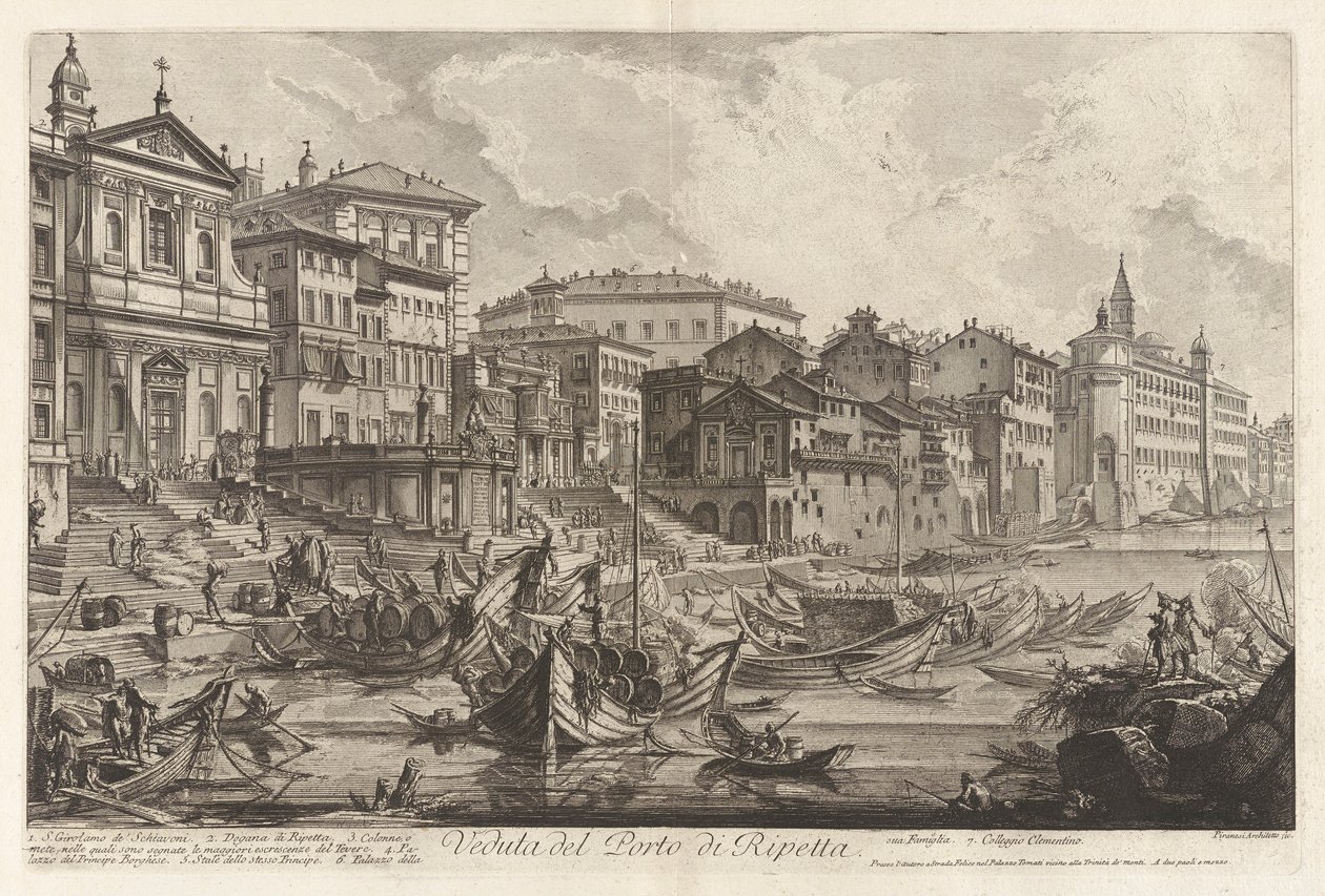 Veduta del Porto di Ripetta (Utsikt över Ripettas hamn), från Vedute di Roma (Utsikt över Rom) av Giovanni Battista Piranesi