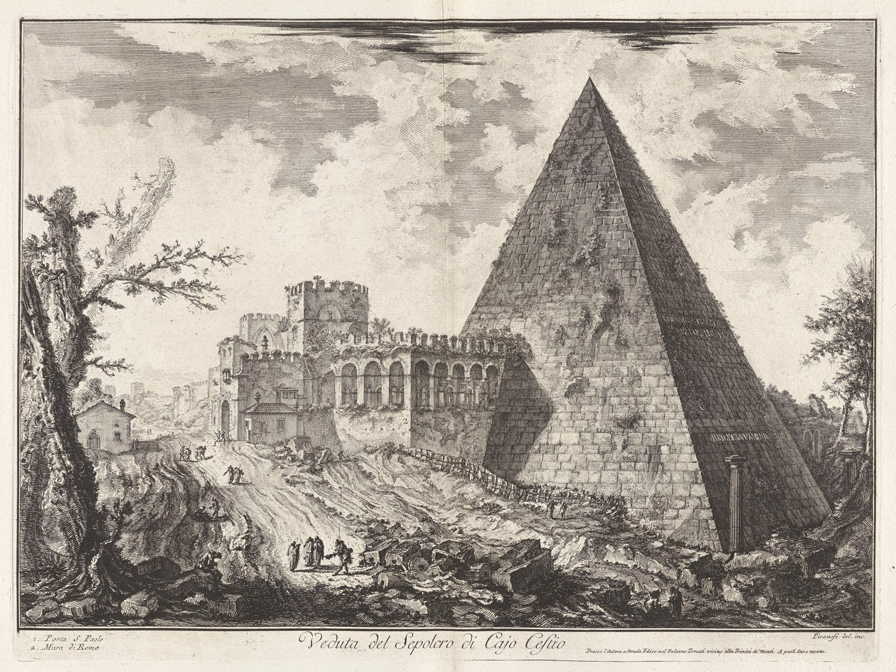 Utsikt över Sepolcro di Cajo Cestio (Utsikt över Caius Cestius pyramidalgrav [med Porta S. Paolo till vänster]), från Vedute di Roma (Utsikt över Rom) av Giovanni Battista Piranesi