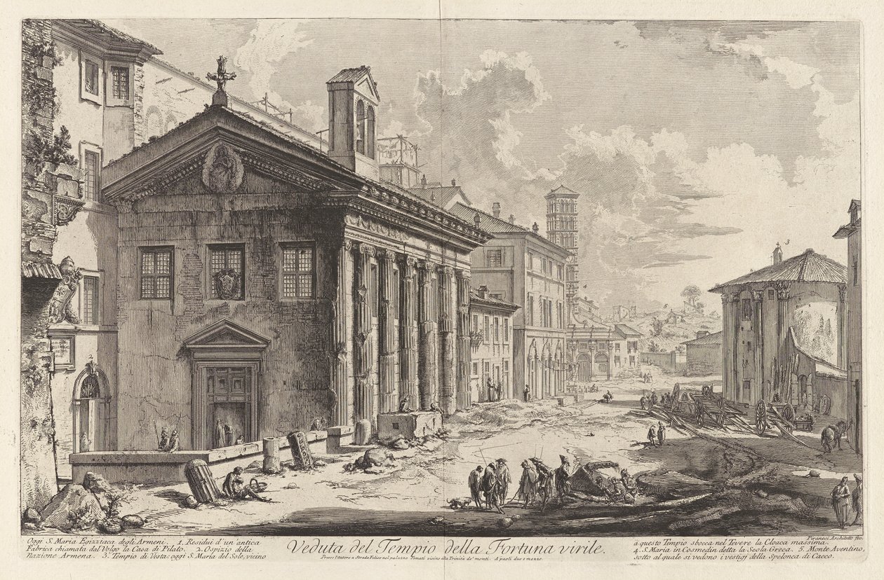 Utsikt över Temple of Manly Fortune. Idag S. Maria Egizziaca degli Armeni (Utsikt över templet Fortuna Virilis. Nu den armeniska kyrkan Santa Maria Egizziaca [nu tros vara Portunus tempel]), från Vedute di Roma (Utsikt över Rom) av Giovanni Battista Piranesi