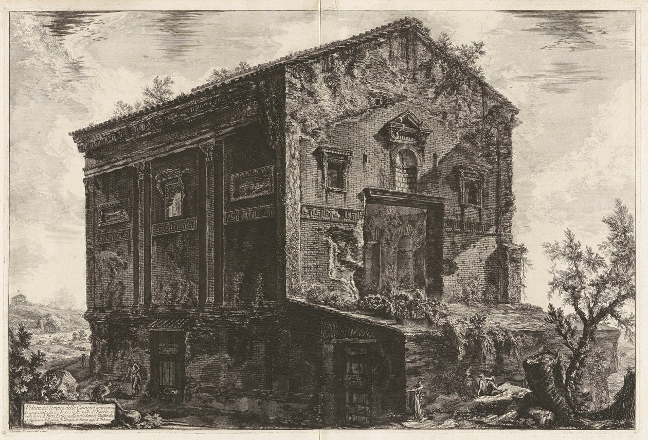 Utsikt över Camenetemplet i antiken omgiven av en skog i Egeria-dalen av Giovanni Battista Piranesi
