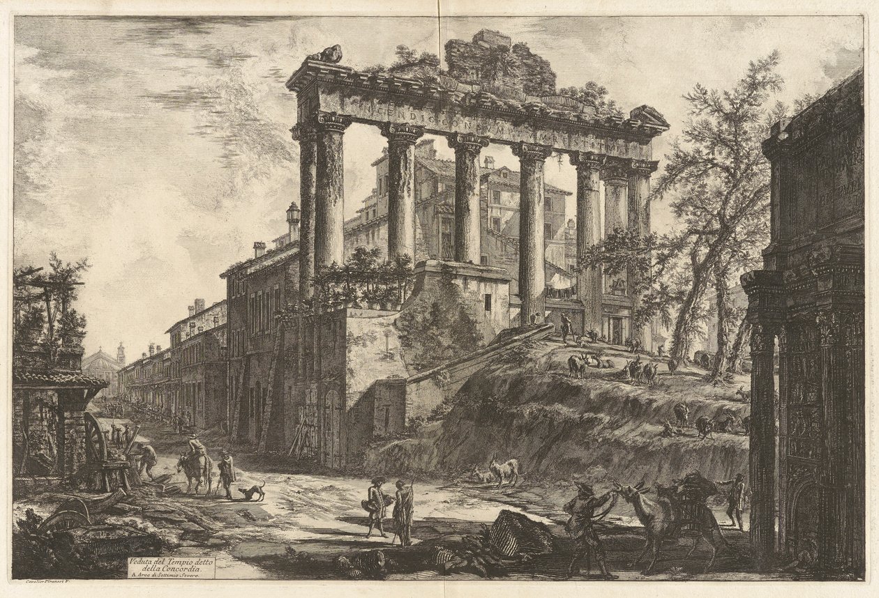 Veduta del Tempio detto della Concordia (Utsikt över det så kallade Concordtemplet [Saturnustemplet med Septimius Severus båge i höger förgrund]), från Vedute di Roma (Utsikt över Rom) av Giovanni Battista Piranesi