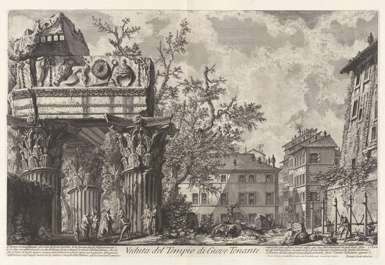 Veduta del Tempio di Giove Tonante (Utsikt över Jupiter Tonans tempel [Dundraren Jupiter; egentligen Vespasianus och Titus tempel]), från Vedute di Roma (Utsikt över Rom) av Giovanni Battista Piranesi