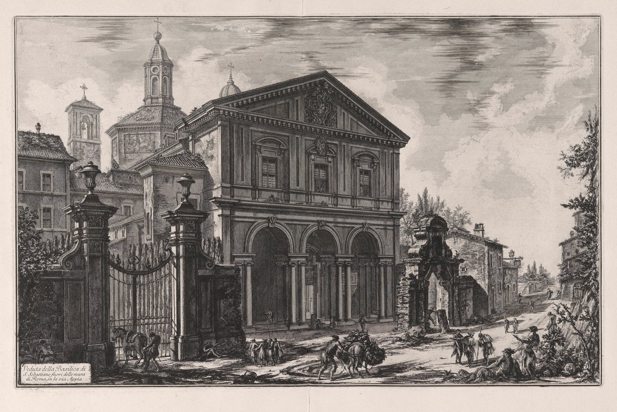 Utsikt över basilikan San Sebastiano fuori delle mura di Roma, su la Via Appia (Utsikt över basilikan San Sebastiano fuori delle Mura i Rom, på Appian Way), från Vedute di Roma (utsikt över Rom) av Giovanni Battista Piranesi