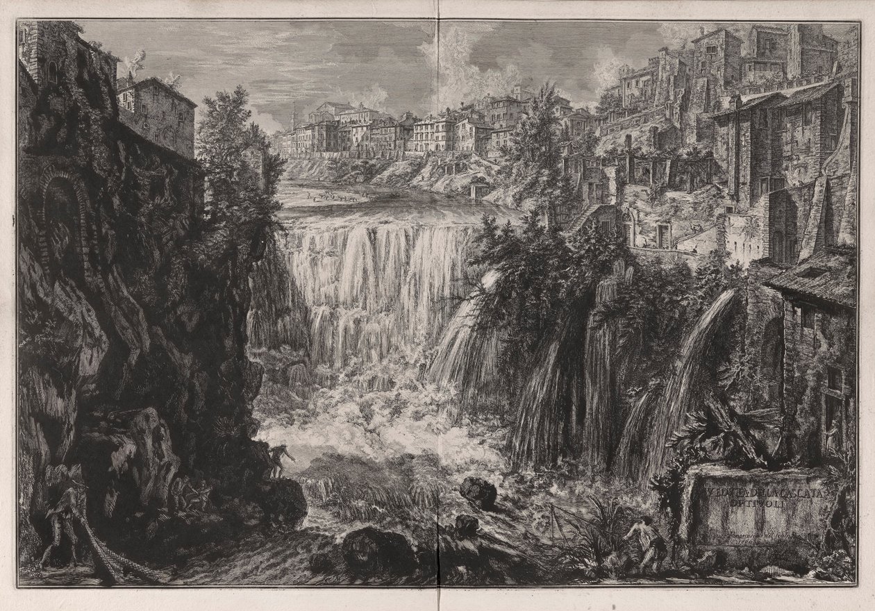 Veduta della Cascata di Tivoli (Utsikt över Tivolis vattenfall), från Vedute di Roma (Utsikt över Rom) av Giovanni Battista Piranesi
