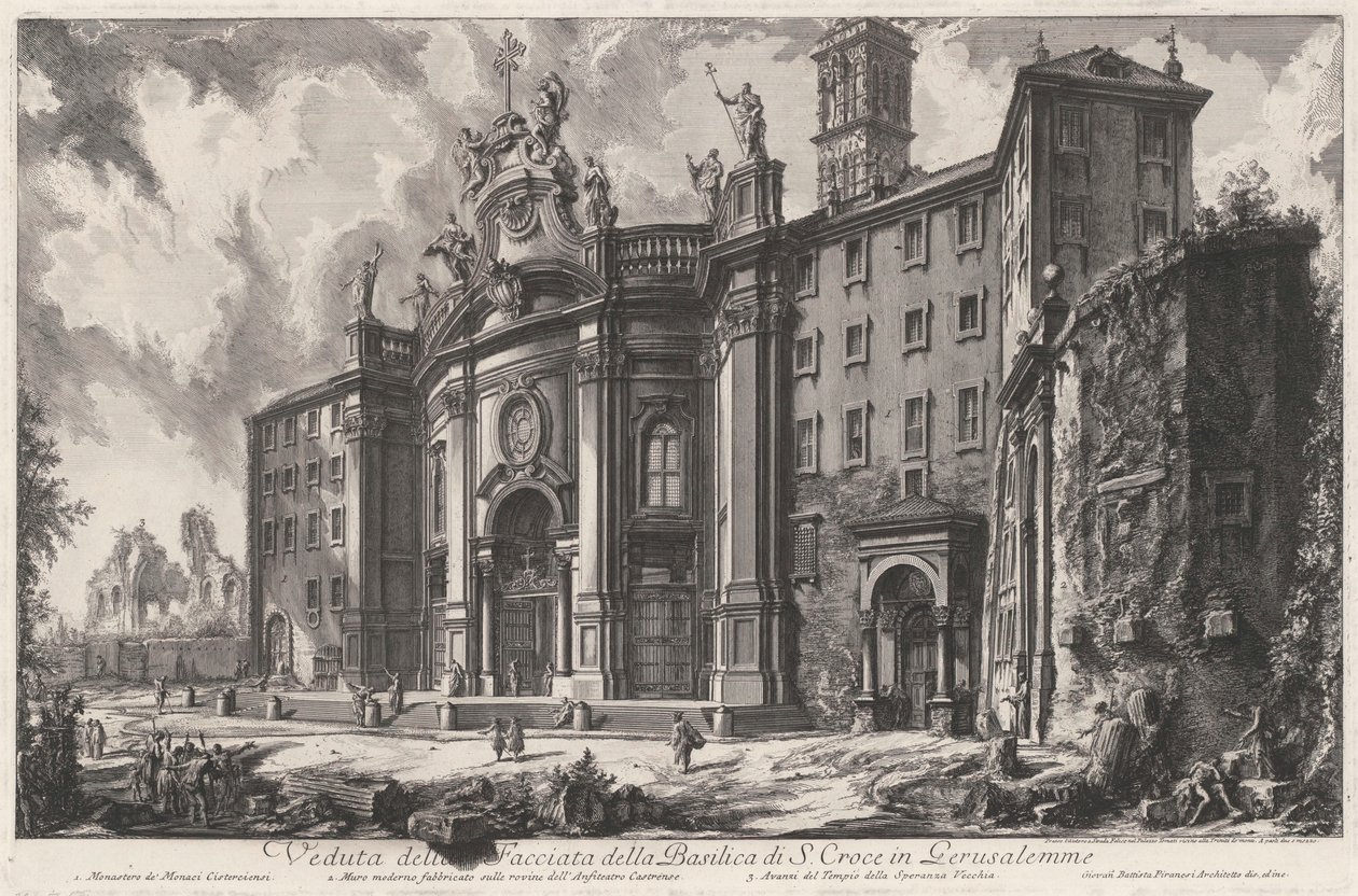 Vy över fasaden på basilikan Santa Croce in Gerusalemme av Giovanni Battista Piranesi