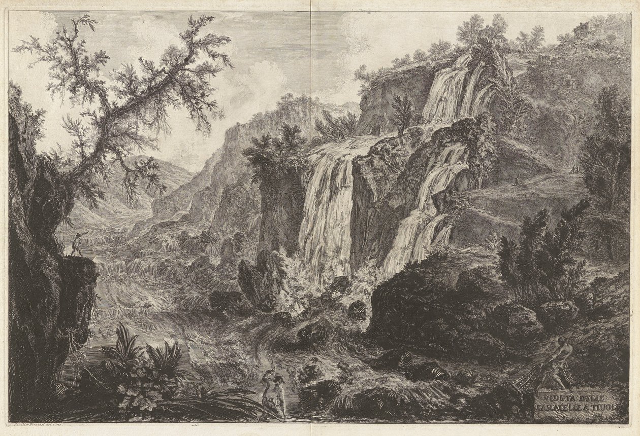 Utsikt över Cascatelle a Tivoli (Utsikt över små vattenfall i Tivoli), från Vedute di Roma (Utsikt över Rom) av Giovanni Battista Piranesi