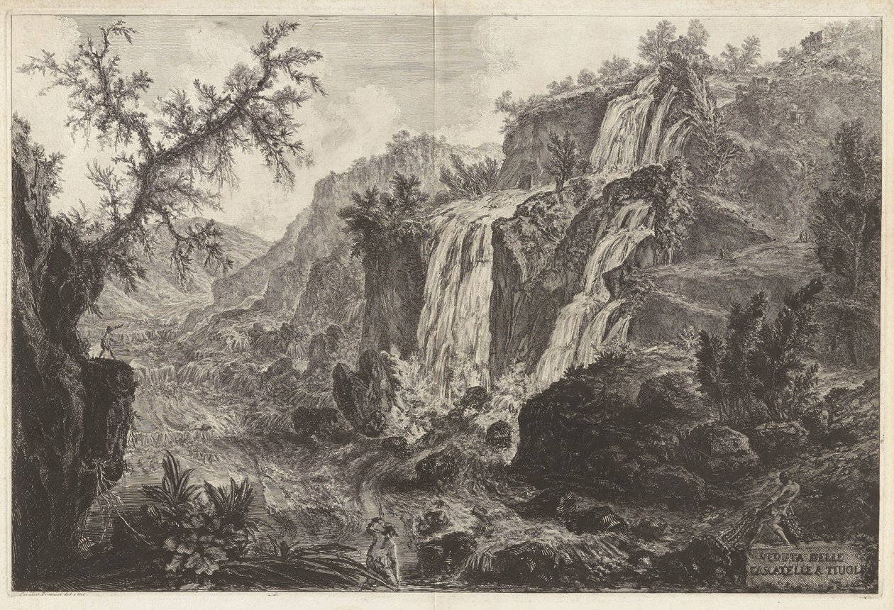 Utsikt över de små vattenfallen i Tivoli, ur Vedute di Roma av Giovanni Battista Piranesi