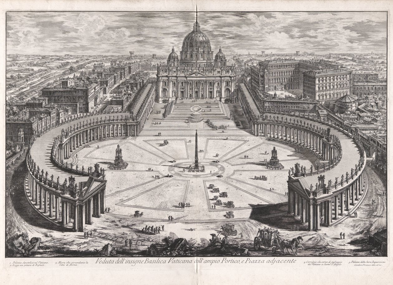 Vy över den berömda Vatikanbasilikan med dess rymliga portik och angränsande torg, ur Vedute di Roma (Vyer över Rom) av Giovanni Battista Piranesi