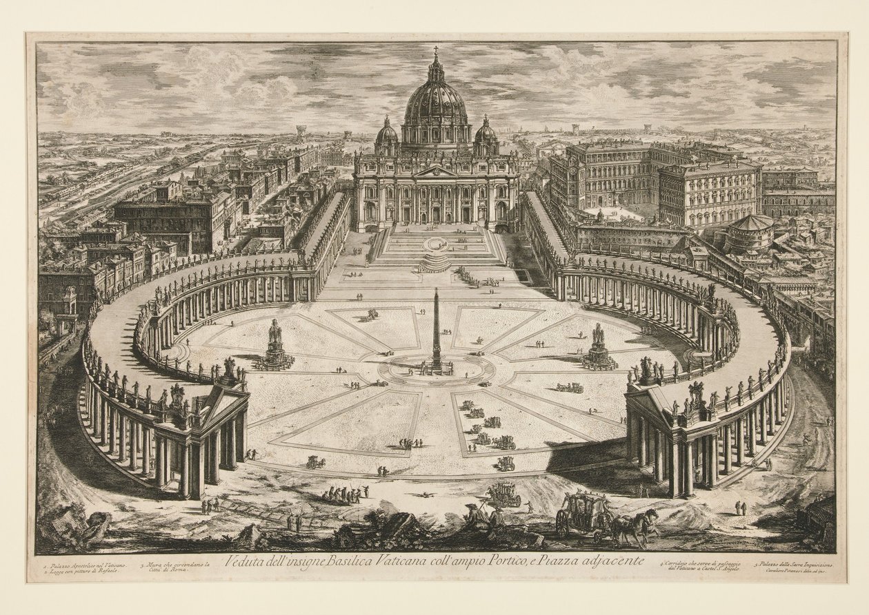 Vy över den berömda Vatikanbasilikan med den stora portiken och det angränsande torget, ur Vedute di Roma av Giovanni Battista Piranesi