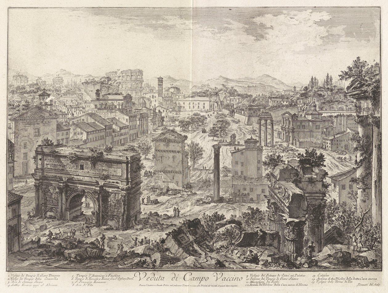 Veduta di Campo Vaccino (Utsikt över Campo Vaccino [Forum Romanum, från Capitoline Hill]), från Vedute di Roma (Utsikt över Rom) av Giovanni Battista Piranesi