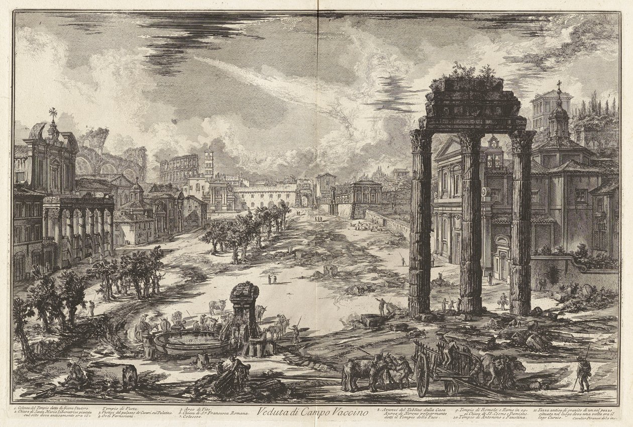 Veduta di Campo Vaccino (Utsikt över Campo Vaccino [Forum romerska med Castor- och Polluxtemplet till höger]), från Vedute di Roma (Utsikt över Rom) av Giovanni Battista Piranesi