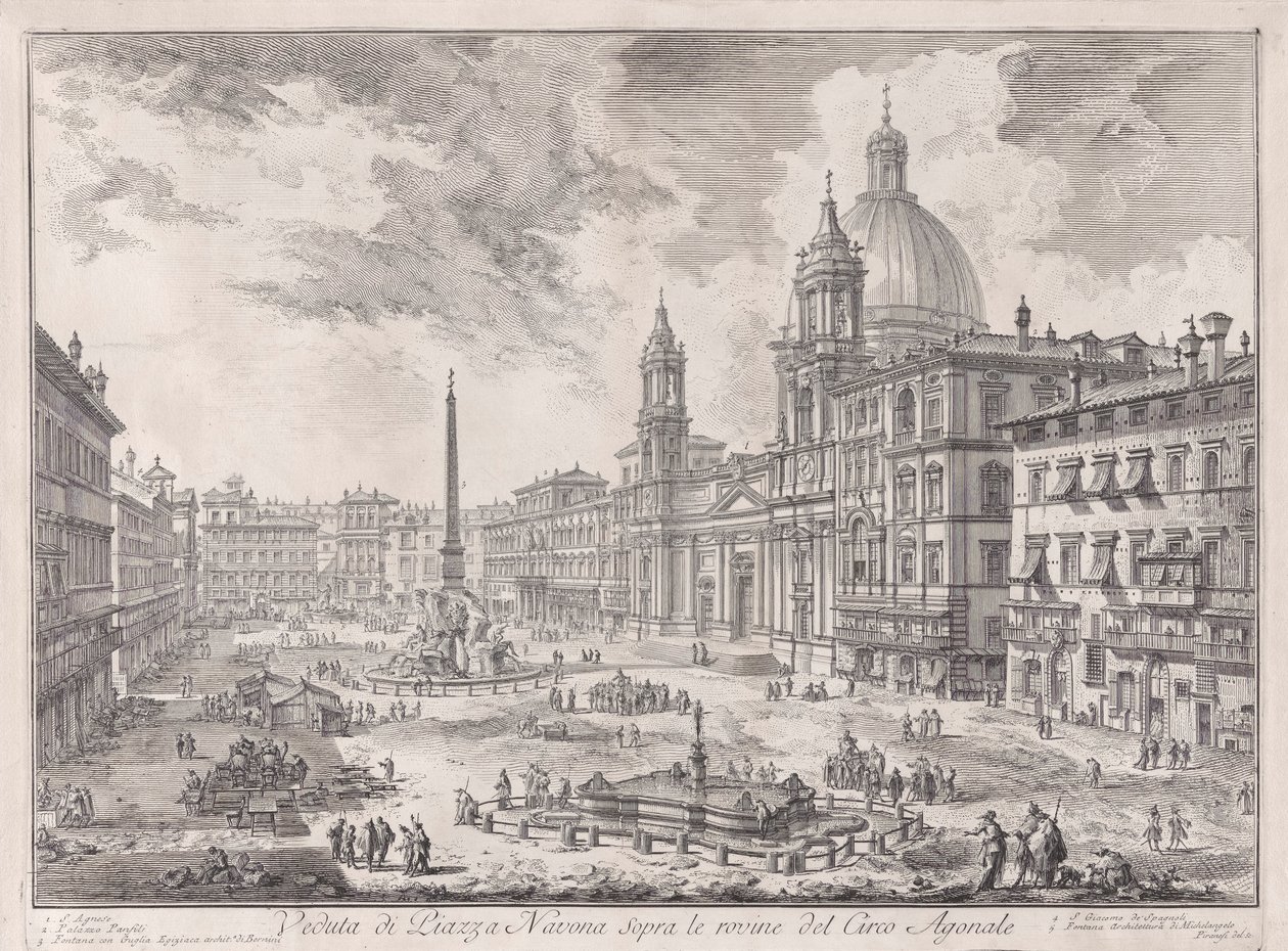 Utsikt över Piazza Navona ovanför ruinerna av Domitianus cirkus, från Vedute di Roma (Utsikt över Rom) av Giovanni Battista Piranesi