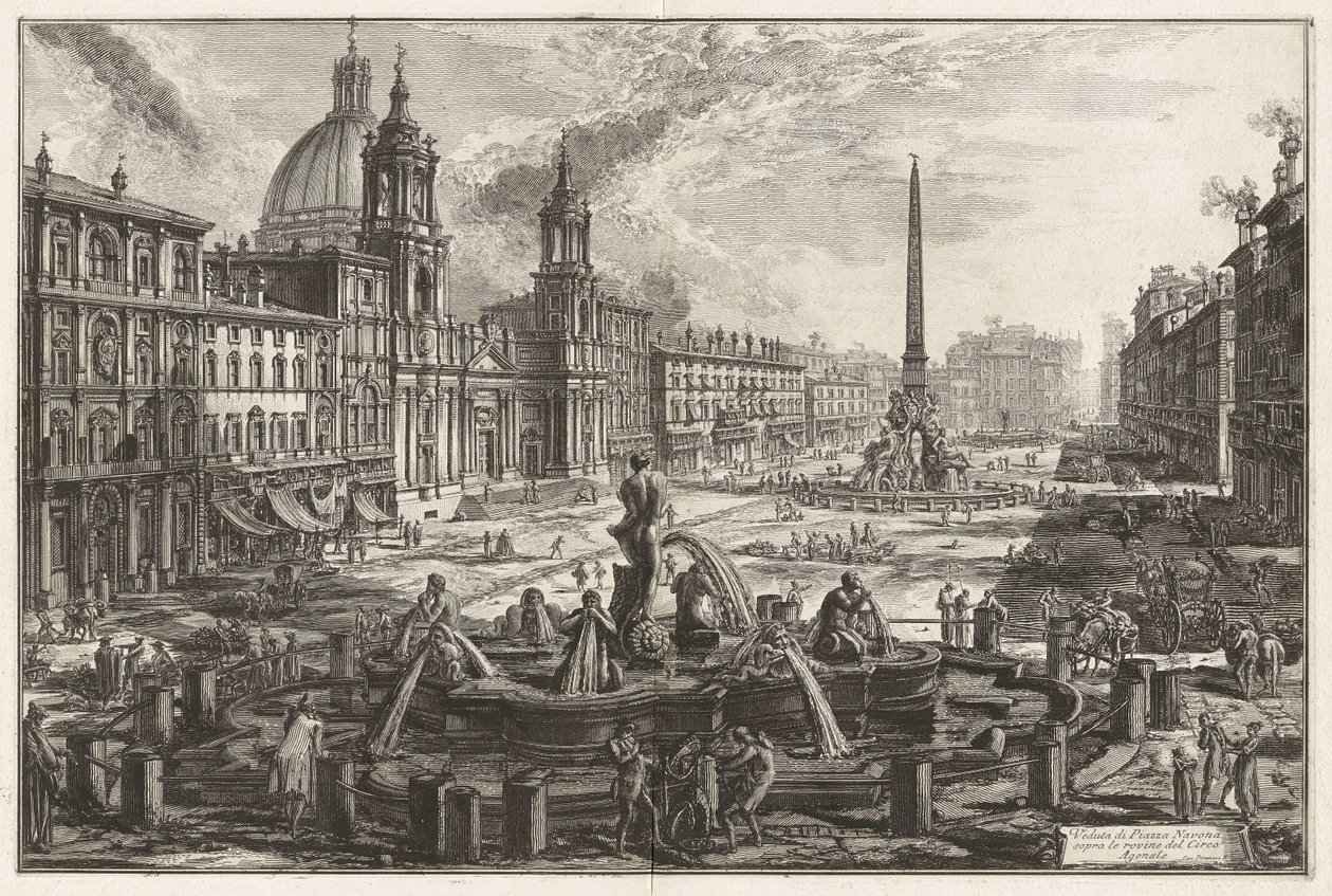 Vy över Piazza Navona ovanför ruinerna av Circus Agonalis [Domitianus cirkus], ur Vedute di Roma (Vy över Rom) av Giovanni Battista Piranesi