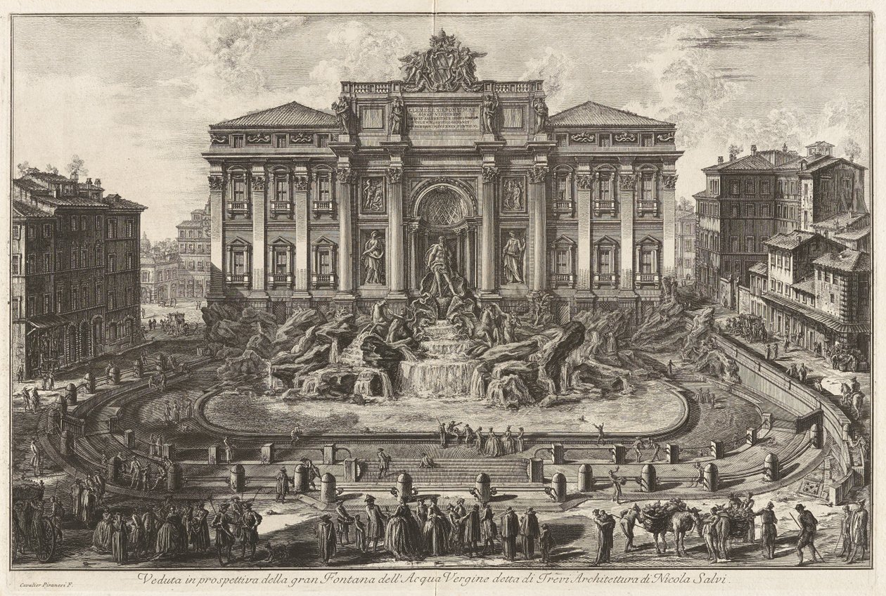 Perspektivisk vy över den stora fontänen vid Acqua Vergine, kallad Trevifontänen, arkitektur av Nicola Salvi, ur Vedute di Roma av Giovanni Battista Piranesi