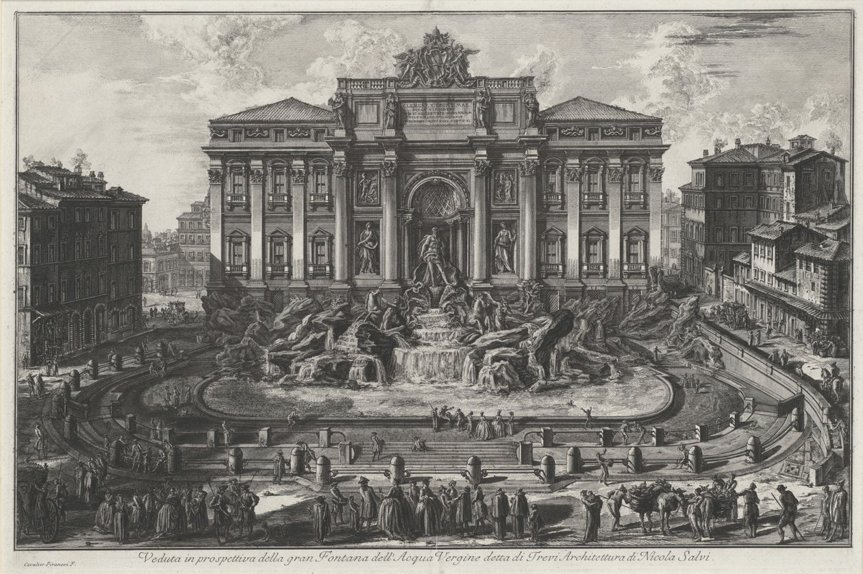 Perspektivisk vy över den stora fontänen Acqua Vergine, kallad Trevi, arkitektur av Nicola Salvi av Giovanni Battista Piranesi