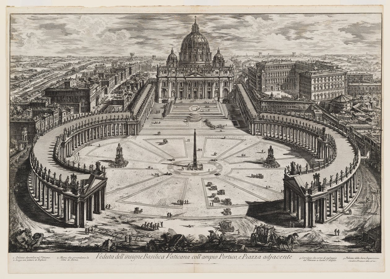 Vy över den framstående Vatikanbasilikan med den stora portiken och det angränsande torget, plansch 120 ur Vyer över Rom av Giovanni Battista Piranesi