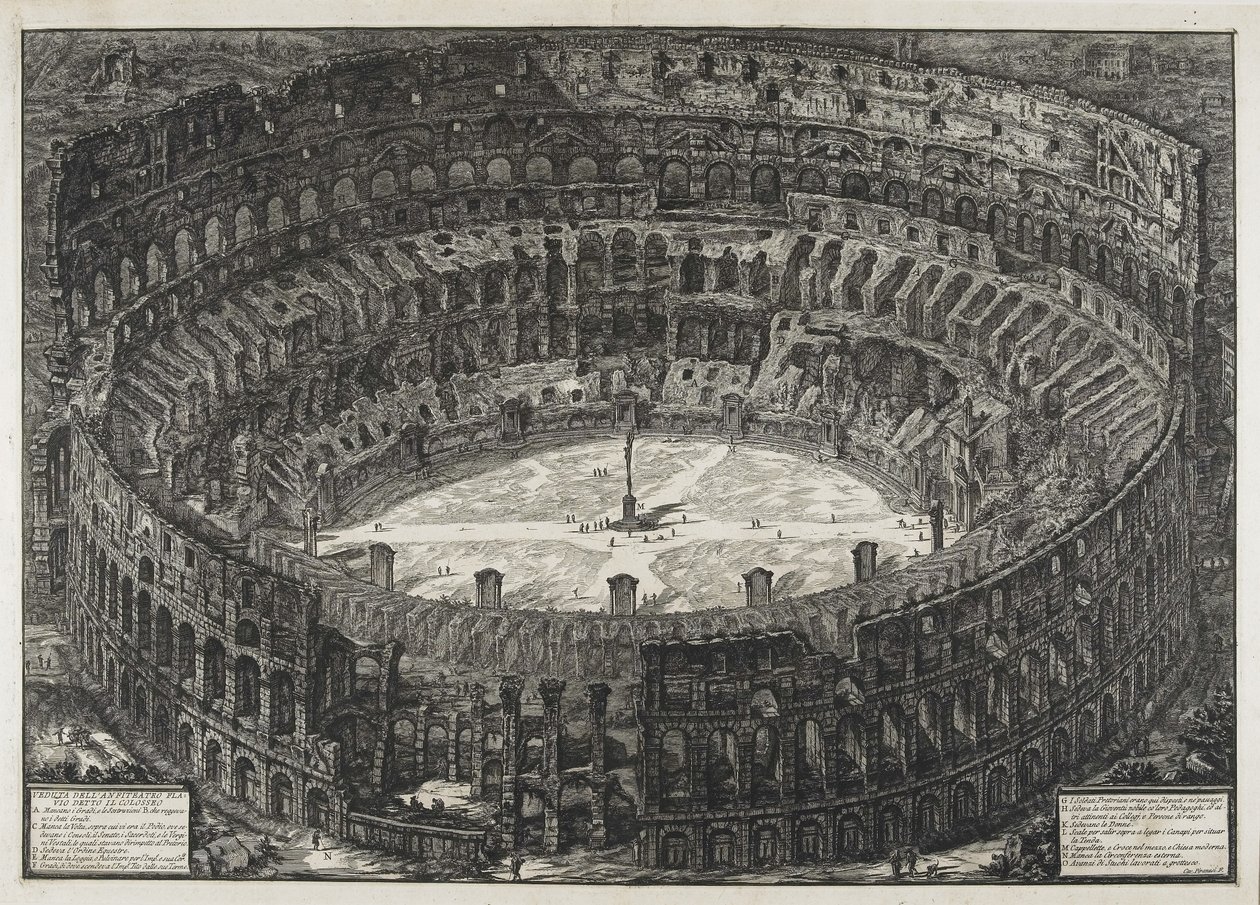 Utsikt över den flaviska amfiteatern, kallad Colosseum, från "Views of Rome" av Giovanni Battista Piranesi