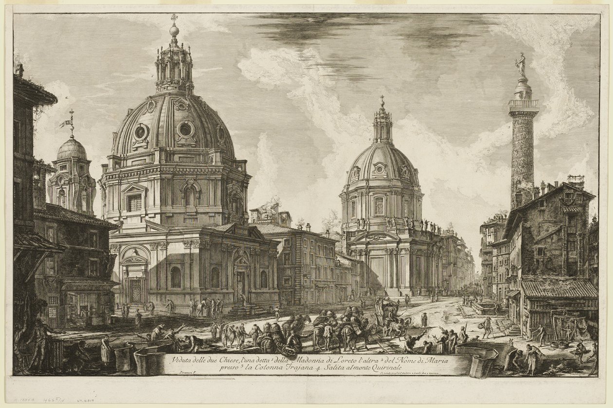 Vy över två kyrkor, den ena kallas 1. S. Maria di Loreto, den andra 2. The Name of Mary, nära 3. Trajans kolonn. 4. Uppstigningen till Quirinal, från Vyer över Rom av Giovanni Battista Piranesi